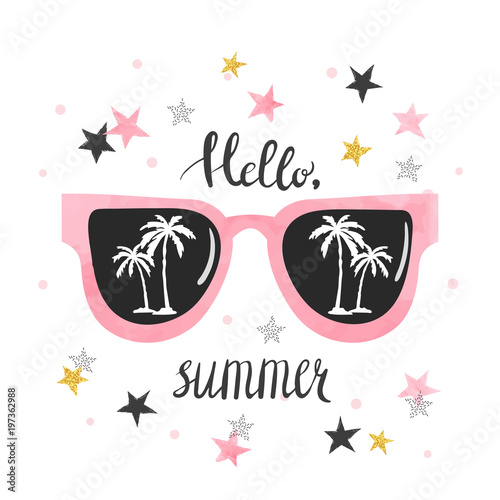 Summer poster with sunglasses and palms. Hello summer lettering, vecor illustration.