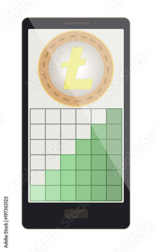 litecoin coin with growth graph on a phone screen