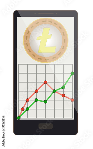 litecoin coin with growth graph on a phone screen