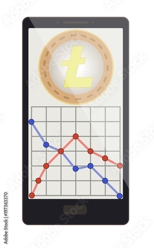 litecoin coin with growth graph on a phone screen