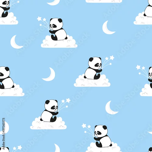 Tapety Bezszwowe noc wzór z słodkie misie panda na chmurach. Tło dla dzieci.