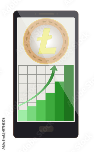 litecoin coin with growth graph on a phone screen