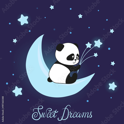 Cute little panda bear on the moon. Sweet dreams vector illustration for kids.