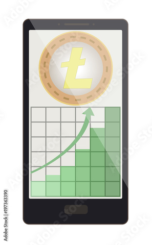 litecoin coin with growth graph on a phone screen