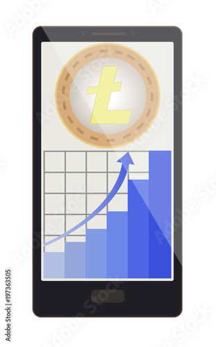 litecoin coin with growth graph on a phone screen