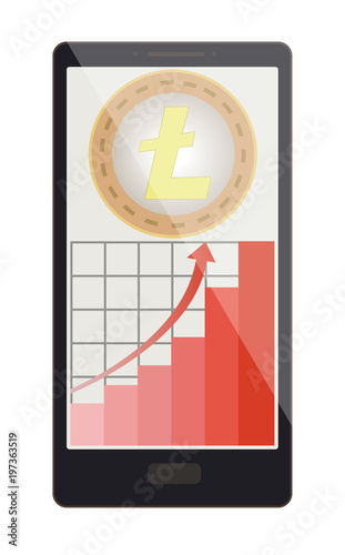 litecoin coin with growth graph on a phone screen
