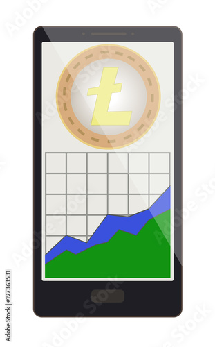 litecoin coin with growth graph on a phone screen