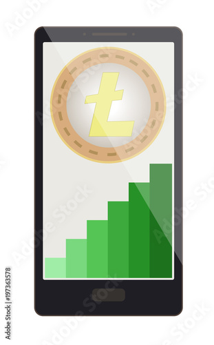 litecoin coin with growth graph on a phone screen