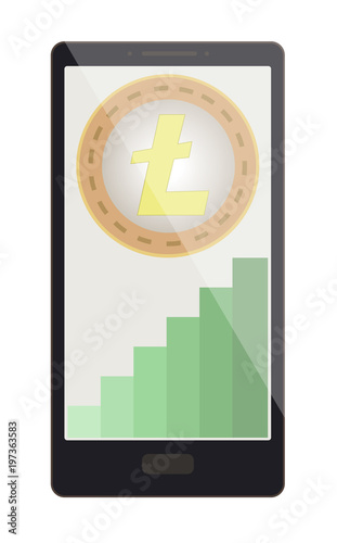 litecoin coin with growth graph on a phone screen