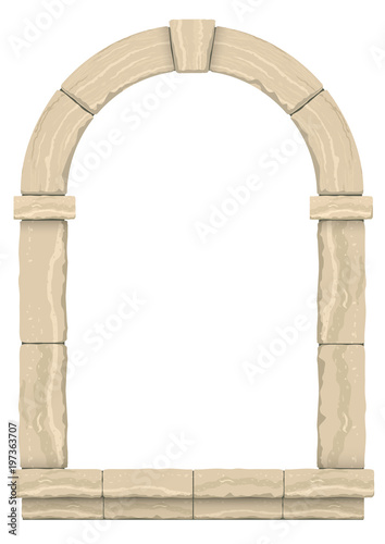 Arch in the wall of beige cut stone and travertine marble for a window or door in the classic style