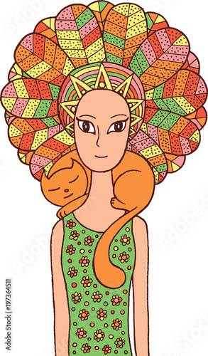 Boho shaman girl with cute cat. Hand drawn fairy tale artwork. Ethnic fashion graphic art. Vector illustration