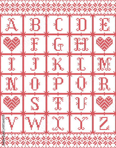 Scandinavian style Alphabet  inspired by Norwegian Christmas, festive winter seamless pattern in cross stitch with heart, snowflake elements red, white cross stitch
