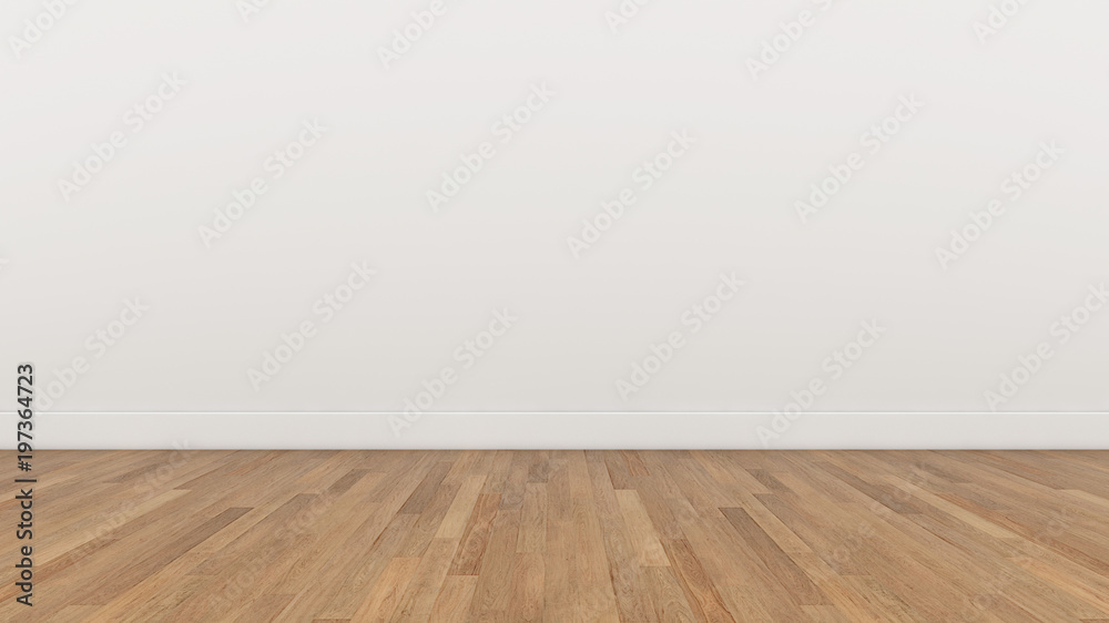 Empty Room White wall and wood  brown floor, 3d render Illustration Background Texture - obrazy, fototapety, plakaty 