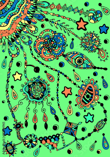 Dreamcatcher shamanic colorful artwork. Eye, stars, beads - tribal styled indian magic accessories. Vector graphic art illustration