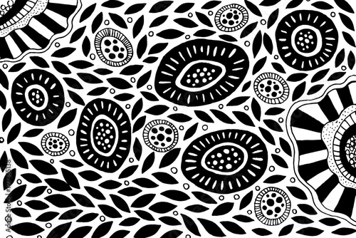 Graphic flowers and leaves on white background. Coloring page for adults. Doodle ethnic art. Vector illustration photo