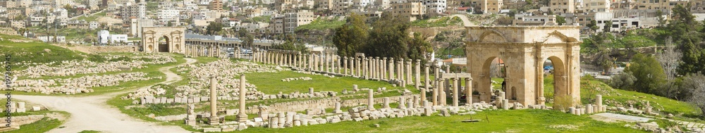 wide panorama with ruins in Jerash town  in Jordan