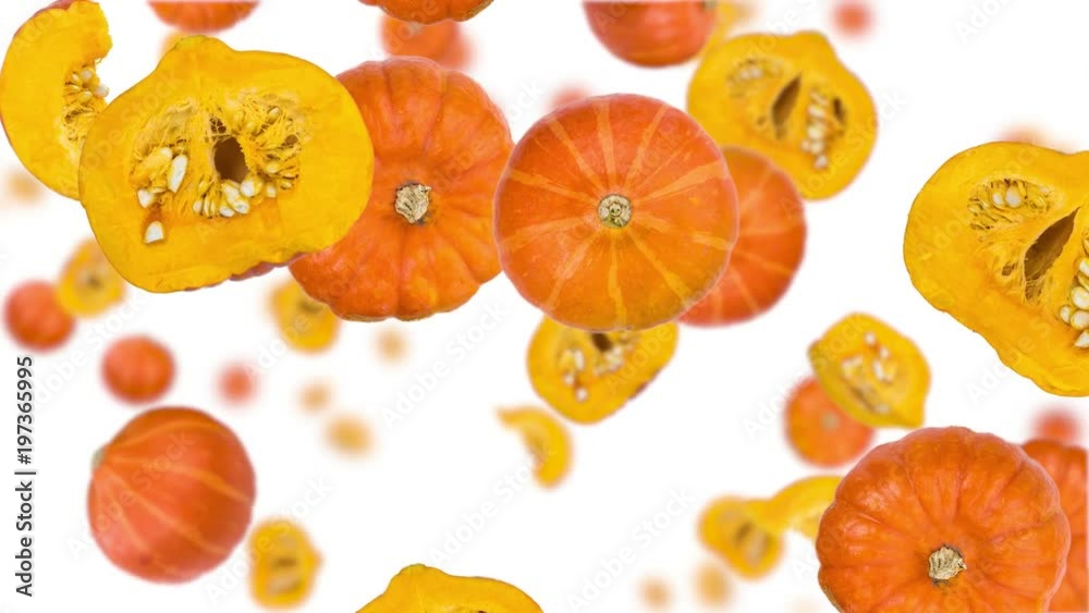 Pumpkins (whole and sliced) falling down on white background (45 degrees, seamless loopable) Pumpkins (whole and sliced) falling down on white background (45 degrees, seamless loopable)