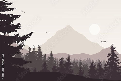 Mountain landscape with a forest under the sky with clouds and flying birds in retro colors