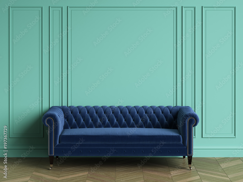 Tufted blue sofa in classic interior with copy space.Turquoise color walls  with mouldings. Floor parquet herringbone.Digital Illustration.3d rendering  Stock Illustration | Adobe Stock