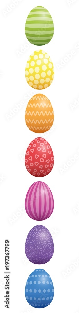 Easter eggs. Vertical lined up with different colors and patterns. Rainbow colored three-dimensional isolated vector illustration on white background. Easter eggs. Vertical lined up with different colors and patterns. Rainbow colored three-dimensional isolated vector illustration on white background.