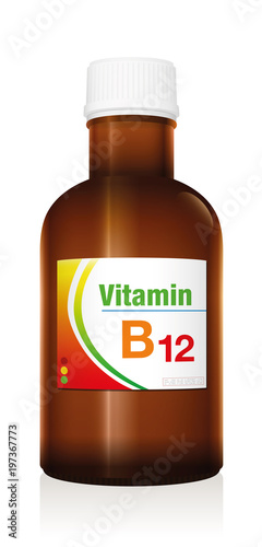 Vitamin B12, as a supplement to healthy diet and conscious nutrition for vegetarians and vegans - medical dummy vial bottle to prevent vitamin deficiency.