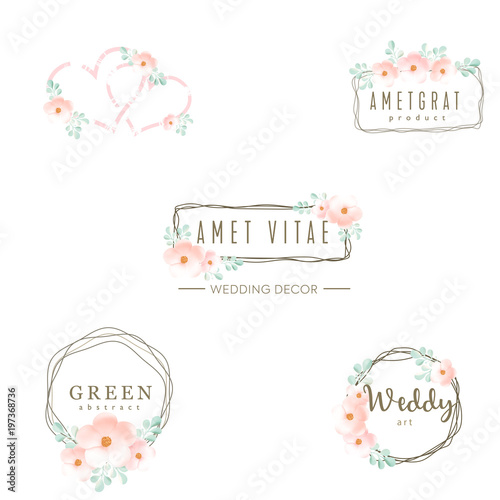 Wedding logo, icons set, floral design, frame and flowers, decoration vector elements