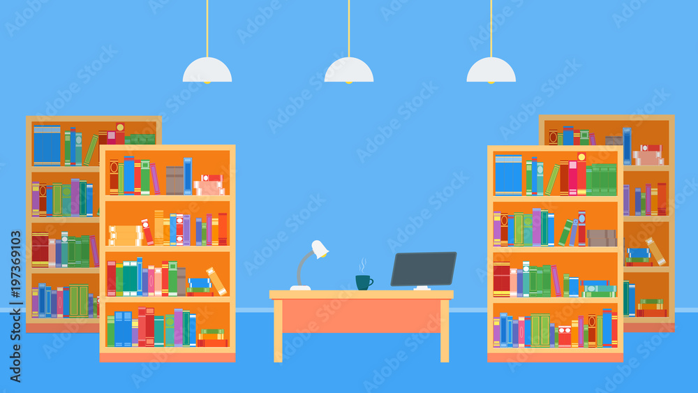 Office, workplace and library with bookcases. A lot of books. Flat style. Vector illustration Office, workplace and library with bookcases. A lot of books. Flat style. Vector illustration