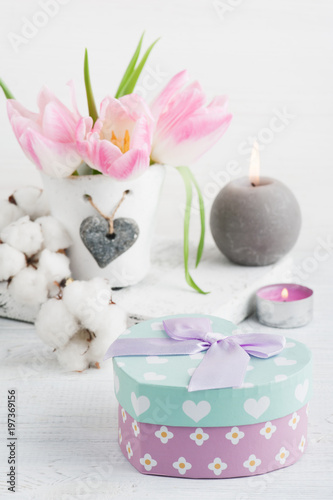 Pink tulip flowers, gift box