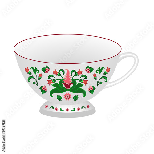 Decorative porcelain tea cup ornate in traditional oriental Indian style.