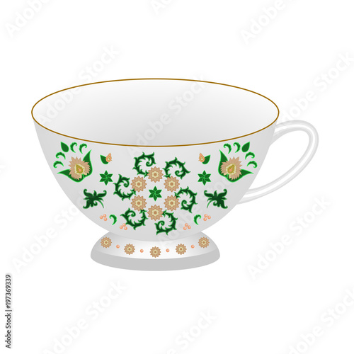 Decorative porcelain tea cup ornate in traditional oriental Indian style.