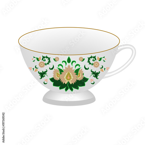 Decorative porcelain tea cup ornate in traditional oriental Indian style.