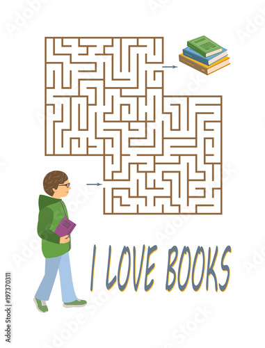 Maze or labyrinth game for children poster. Boy with glasses looking for books in library, bookstore or college
