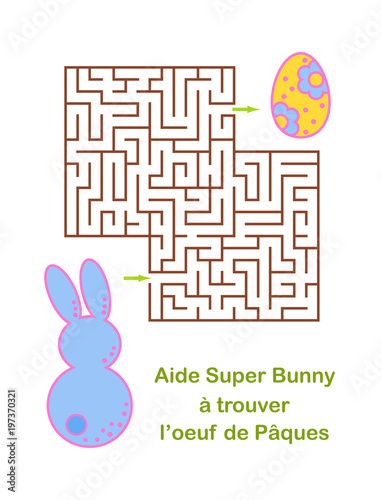 Easter Egg hunt maze or labyrinth game for children. With text in french - Help Super Bunny find the Easter egg