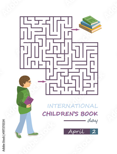 International children's book day poster, maze labyrinth game.