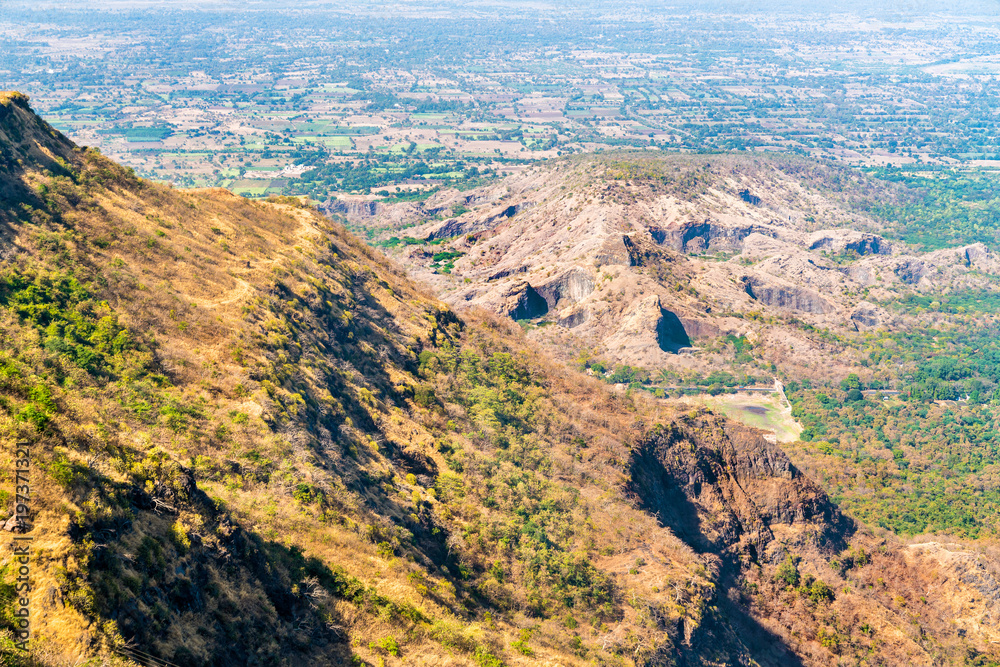 Landscape of Champaner-Pavagadh heritage site from Pavagadh Hill. Gujarat, Western India