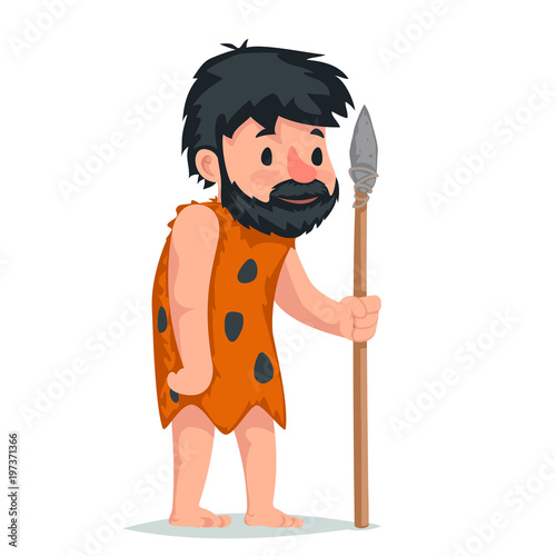 Ancient caveman with stone spear character icon cartoon design vector illustration