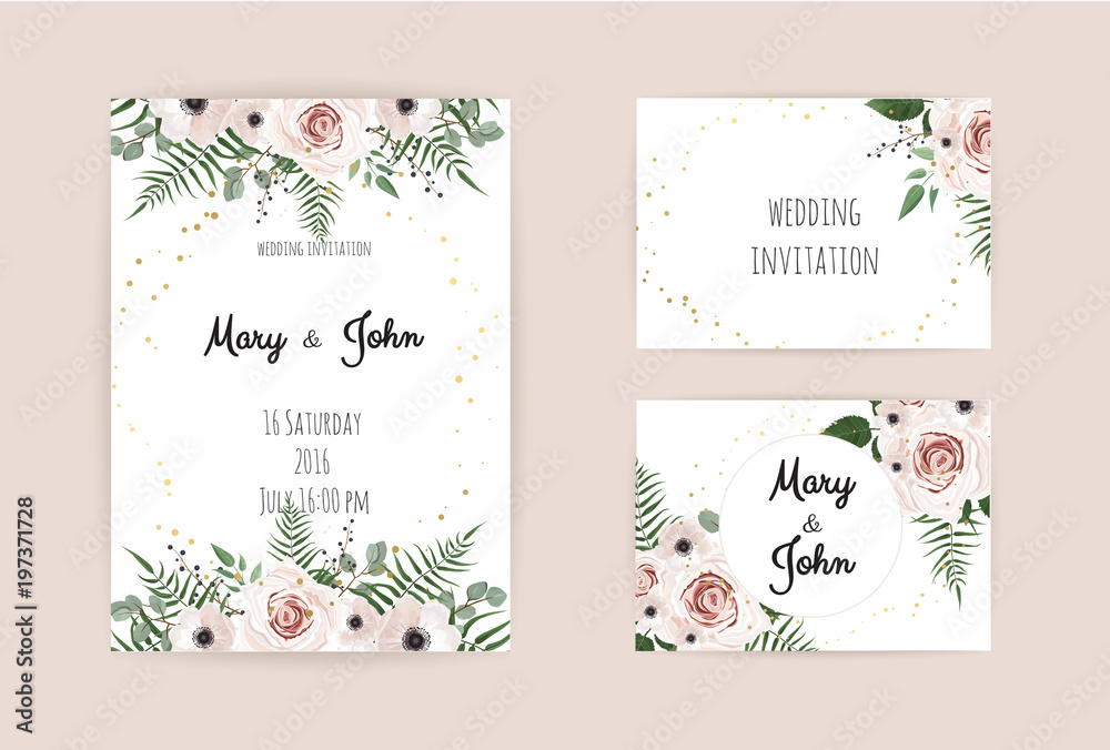Vector invitation with handmade floral elements. Wedding invitation cards with floral elements - obrazy, fototapety, plakaty 