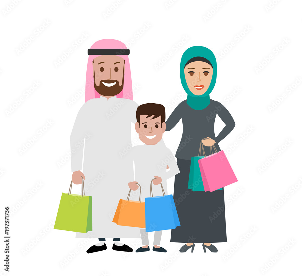 arab muslim family with shopping bags