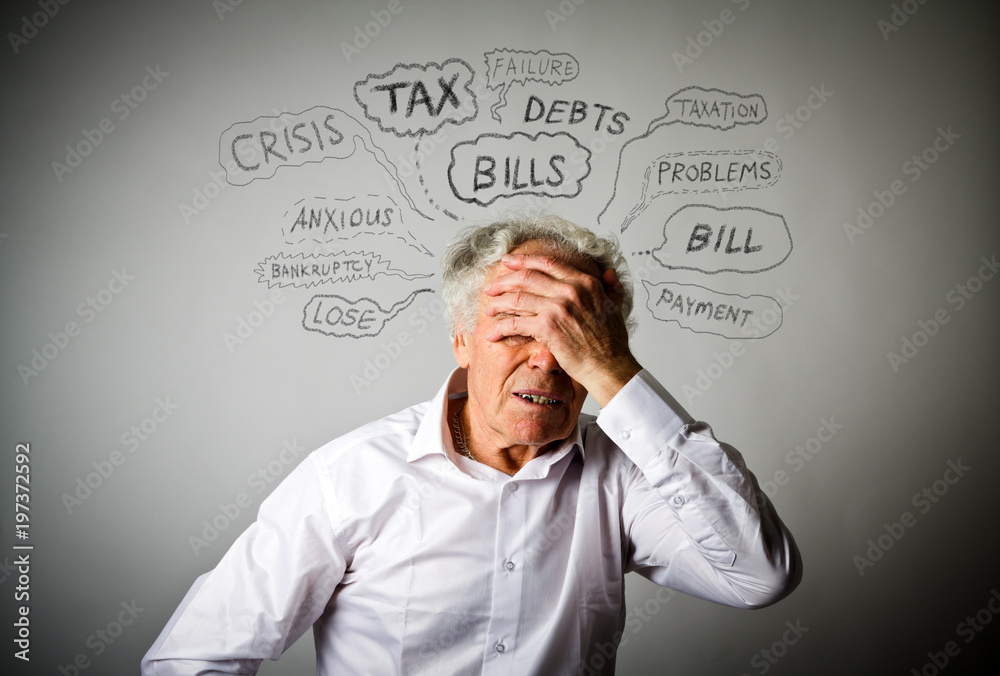 Frustrated old man in white. Many problems. Frustrated old man in white. Many problems.