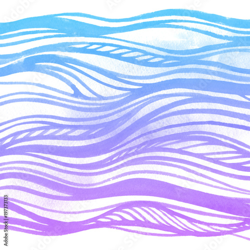 Waves colorful ombre watercolor illustration.