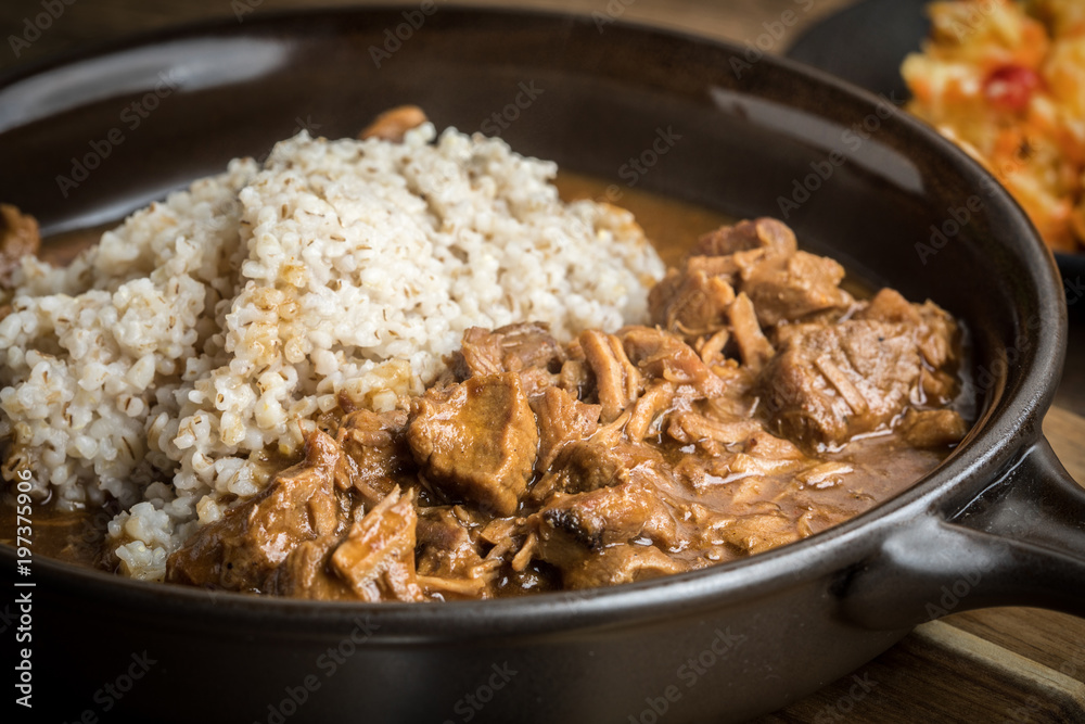 Barley groats with stewed meat. Barley groats with stewed meat.