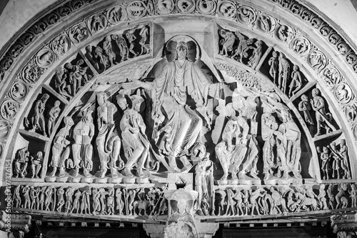 Ancient religious barelief in Vezelay basilique, Burgundy, France photo