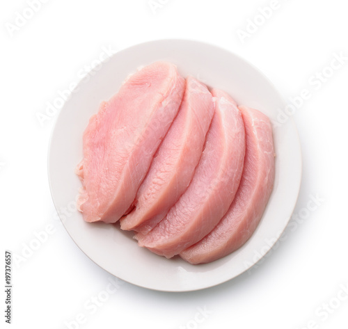 Top view of dish with raw turkey meat fillet