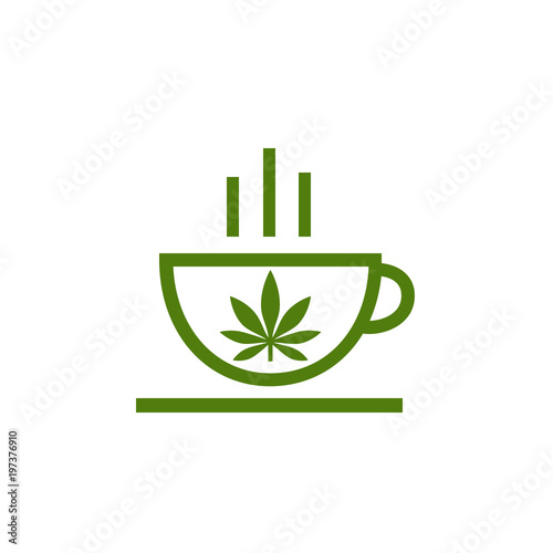 Logo of coffee shop. Leaf of cannabis on cup. Cannabis herbal tea and marijuana leaves.