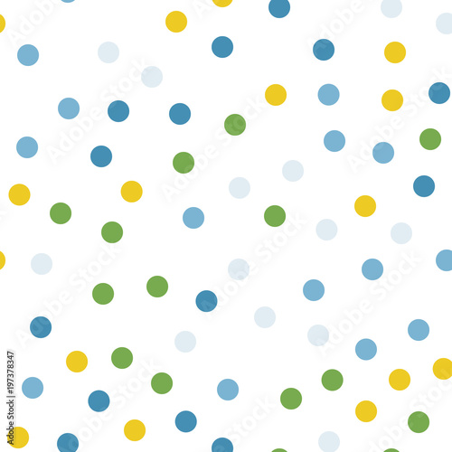 Colorful polka dots seamless pattern on white 12 background. Beauteous classic colorful polka dots textile pattern. Seamless scattered confetti fall chaotic decor. Abstract vector illustration.