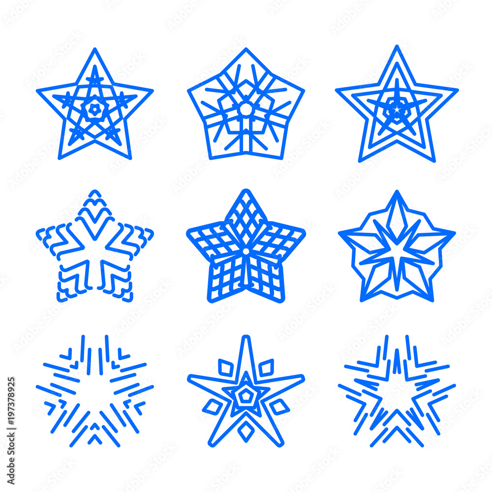 Star logo template set. Vector blue geometric ornamental symbols isolated. Blue decorative and creative business signs collection. Star logo template set. Vector blue geometric ornamental symbols isolated. Blue decorative and creative business signs collection.