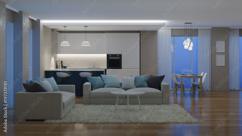 Fototapeta premium Modern house interior. Evening lighting. Night. 3D rendering.