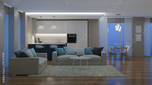 Modern house interior. Evening lighting. Night. 3D rendering.