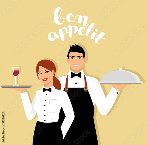young smiling waitress in uniform holds a tray with a glass of wine. a young smiling waiter in uniform holds a tray