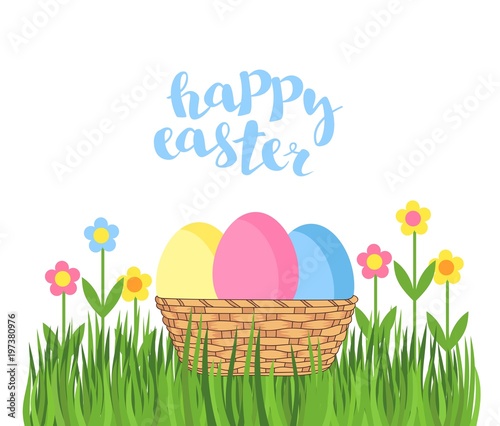 Easter background. Easter basket with eggs on the grass